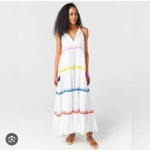 Oliphant Maxi Dress LONG TIERED TASSEL White V Neck 100% Cotton large *Read